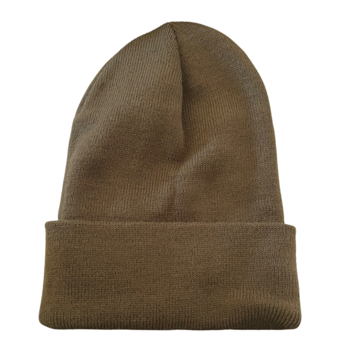 back view of olive colored beanie with fold up cuff