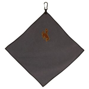 grey microfiber gold towel, hem is black, design is embroidered brown bucking horse outlined in gold, black clip on top