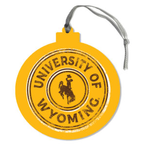 gold round ornament with silver ribbon, design is brown circle with brown words University of Wyoming around brown bucking horse