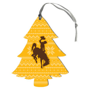gold tree ornament, background is white nordic sweater design, brown bucking horse in center, silver ribbon on top