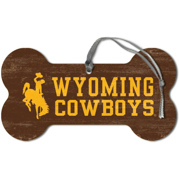 brown dog bone shaped wooden ornament, design is gold bucking horse on left, gold words Wyoming cowboys stacked on right