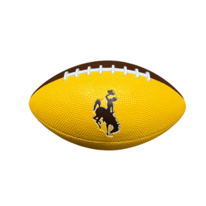 gold and brown Nike miniature football, design is brown bucking horse on center, white laces on top