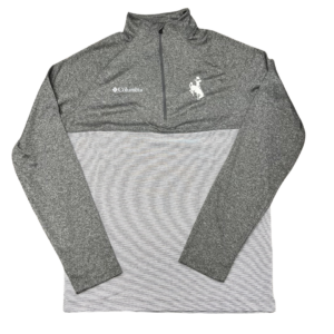 grey quarter zip jacket, dark grey chest and shoulders, striped grey body, design is white bucking horse on left chest, white Columbia logo on right chest