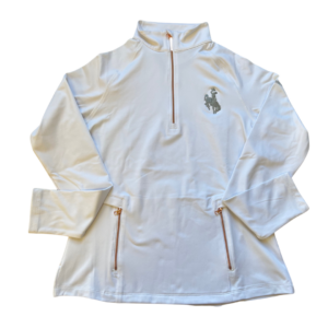 women's white quarter zip jacket, design is silver bucking horse on left chest, rose zipper on chest and pockets