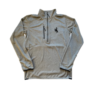 grey quarter zip jacket, design is black embroidered bucking horse on left chest, black zipper pocket on right chest
