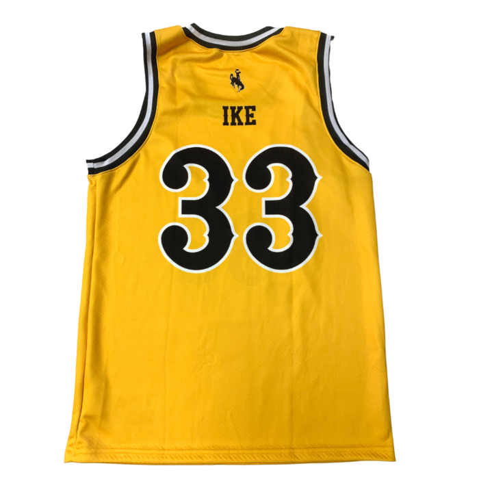 back view of gold, sleeveless basketball jersey with brown and white trim neck. Name Ike with number 33 below printed on front center in brown with white outline