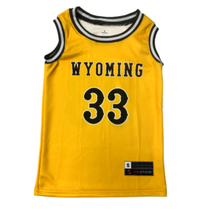 youth sized gold, sleeveless basketball jersey with brown and white trim neck. Word Wyoming with number 33 below printed on front center in brown with white outline
