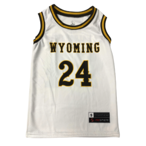 youth sized white, sleeveless basketball jersey with brown and gold trim neck. Word Wyoming with number 24 below printed on front center in brown with gold outline