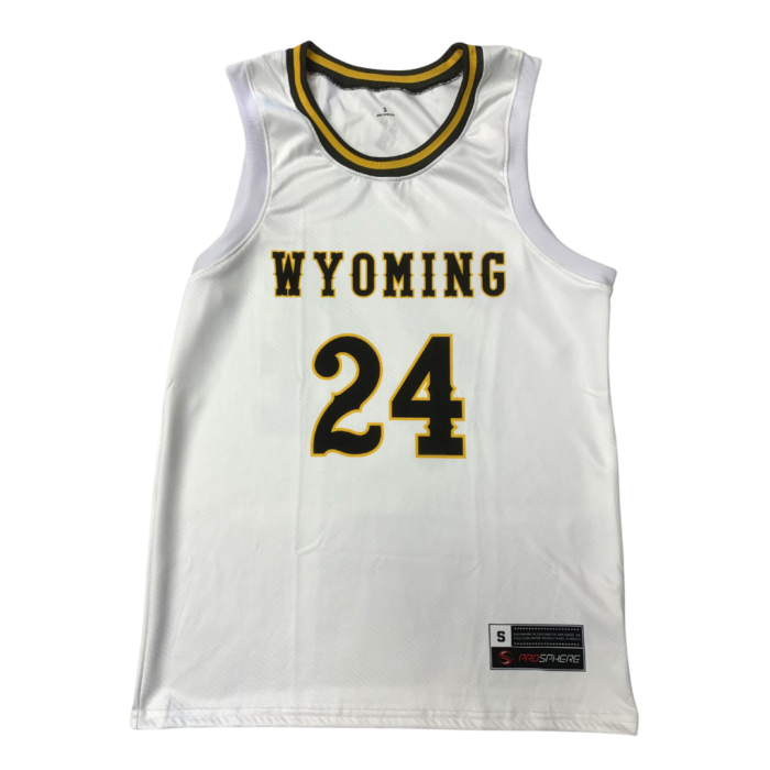 white, sleeveless basketball jersey with brown and gold trim neck. Word Wyoming with number 24 below printed on front center in brown with gold outline