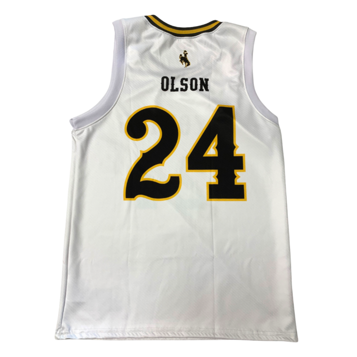 back view of white, sleeveless basketball jersey with brown and gold trim neck. Word Olson with number 24 below printed on center in brown with gold outline
