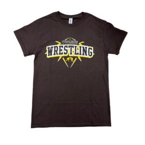 brown short sleeve tee shirt, design is gold and white lines behind brown bucking horse above word brown Wyoming above brown word wrestling outlined in gold and white above gold wrestling figures