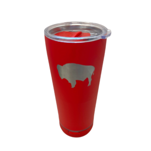 red 18 ounce tumbler, clear plastic lid, silver buffalo on front, detachable speaker on bottom
