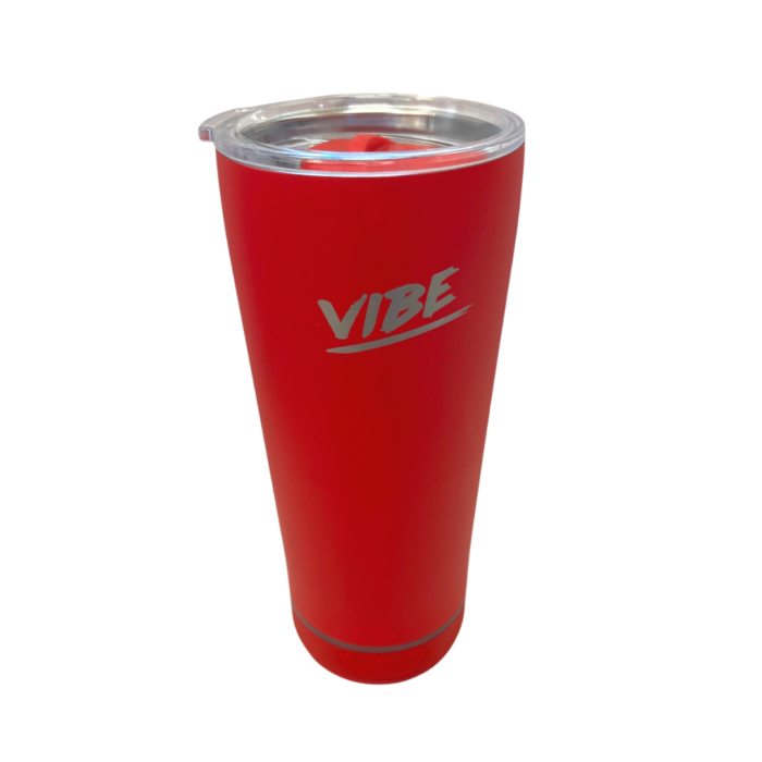 back of red 18 ounce tumbler, clear plastic lid, silver vibe logo in middle, detachable speaker on bottom