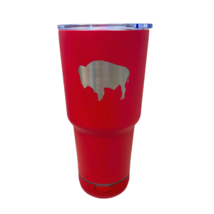 red 28 ounce tumbler, clear plastic lid, silver buffalo on front, detachable speaker on bottom
