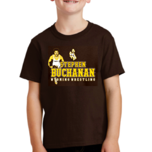 youth brown short sleeved tee shirt, design features Stephen Buchanan on left, Pistol Pete in bucking horse outline, gold words Stephen Buchanan above white words Wyoming cowboys