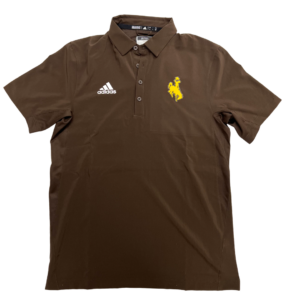Adidas brown polo, design is gold bucking horse on left chest, white Adidas logo on right chest