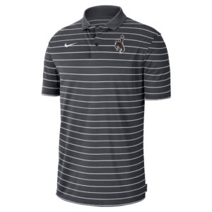 men's charcoal golf polo with thin white stripes, design is embroidered brown bucking horse on left chest, embroidered white Nike logo on right chest