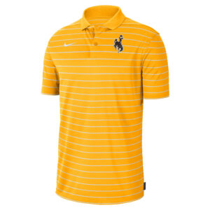 men's gold golf polo with thin white stripes, design is embroidered brown bucking horse on left chest, embroidered white Nike logo on right chest