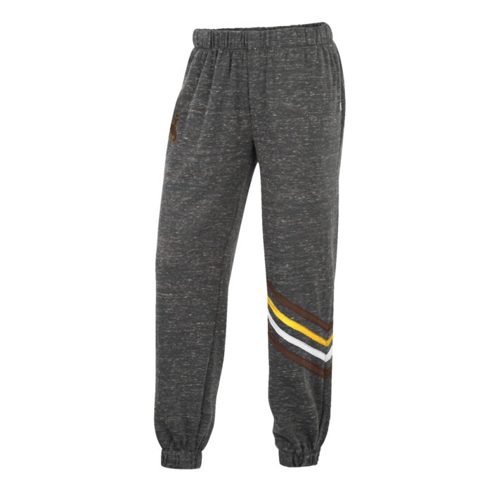 women's charcoal sweat pants, elastic hem and waistband, design is brown, gold, white stripes on left leg,