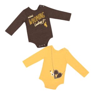 infant onesies, brown has word mini in white scrip above gold word Wyoming above white script word cowboys with gold bucking horse below, gold has brown heart with gold bucking horse