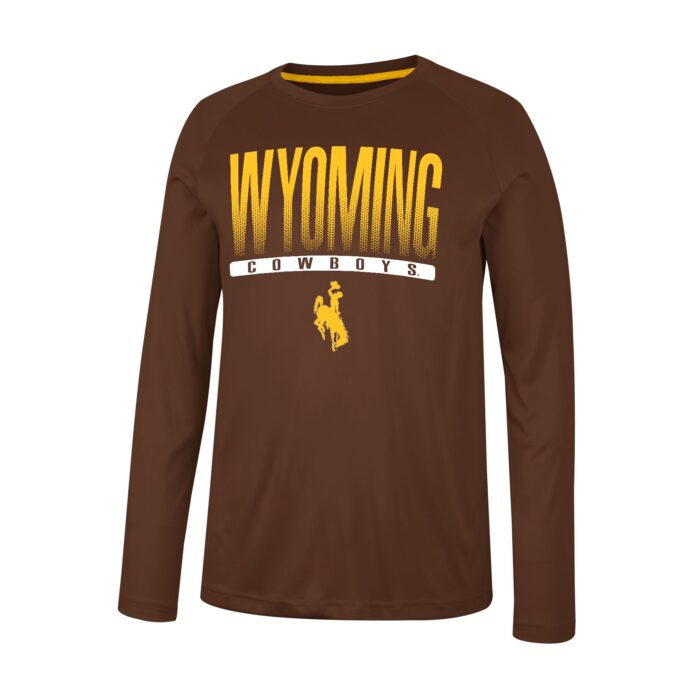brown long sleeve tee, design is gold word Wyoming above white bar with brown word cowboys above gold bucking horse