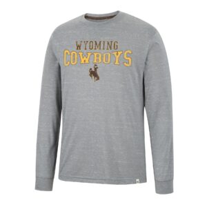 grey long sleeved tee, design is distressed brown word Wyoming above distressed gold word cowboys above distressed brown bucking horse