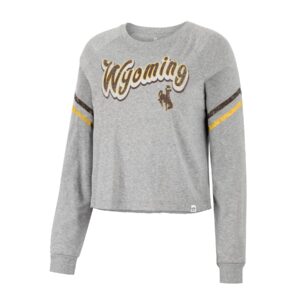 women's grey crewneck sweatshirt, design is script word Wyoming outlined in white with brown bucking horse below, brown and gold stripes around sleeves