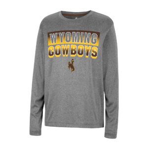 grey long sleeve shirt, design is brown to gold rectangle with word Wyoming in grey above gold to brown faded cowboys above brown bucking horse