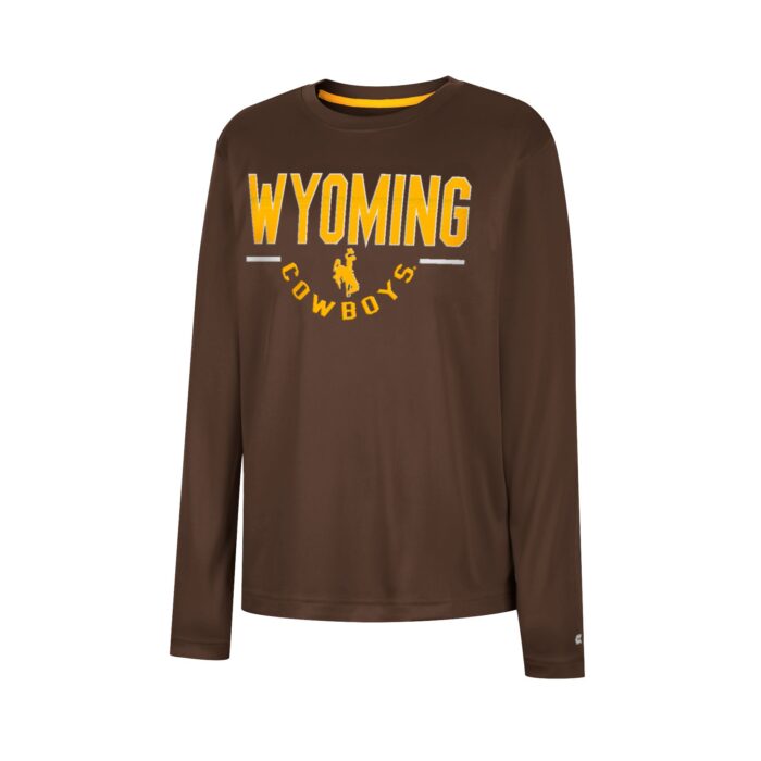 brown long sleeve tee, design is gold word Wyoming above gold brown bucking horse between two white lines above gold arched word cowboys