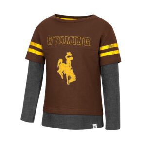 toddler brown shirt with grey long sleeve, gold stripes around sleeves, design is gold word Wyoming above gold bucking horse