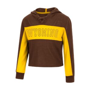 toddler brown hooded sweatshirt with brown criss crossed laces, gold stripe across sleeves and chest, word Wyoming in brown outline