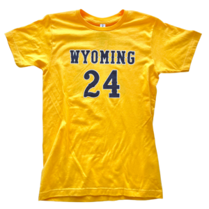 youth gold short sleeve tee. design is word Wyoming in brown outlined in white with number 24 below in brown outlined in white