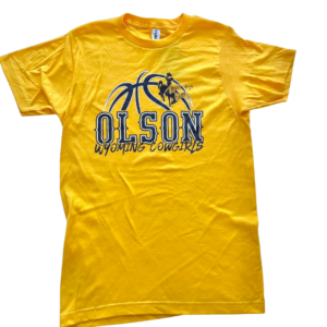 gold short sleeve shirt, design is brown basketball with brown bucking horse on right with white Tommi Olson #24 signature, brown word Olson below, Wyoming Cowgirls in brown below