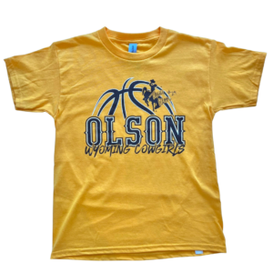 youth gold short sleeve shirt, design is brown basketball with brown bucking horse on right with white Tommi Olson #24 signature, brown word Olson below, Wyoming Cowgirls in brown below