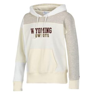 women's color blocked cream, white and grey hooded sweatshirt, design is brown word Wyoming above gold word cowboys