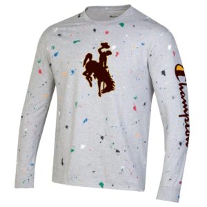 women's gray long sleeve tee with various colors of paint splatter, design is brown bucking horse outlined in gold in center, Champion logo on left arm