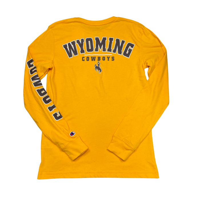 back of gold long sleeve tee, design in center back is brown bucking horse above brown word Wyoming all outlined in white, brown word Cowboys on left arm
