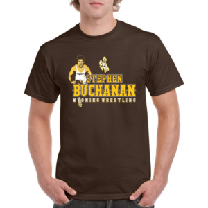 brown short sleeved tee shirt, design features Stephen Buchanan on left, Pistol Pete in bucking horse outline, gold words Stephen Buchanan above white words Wyoming cowboys