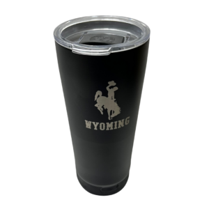 black 18 ounce tumbler, clear plastic lid, silver bucking horse above word Wyoming on front, detachable speaker on bottom