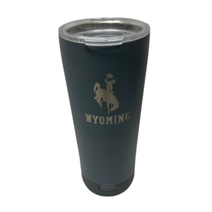 grey 18 ounce tumbler, clear plastic lid, silver bucking horse above word Wyoming on front, detachable speaker on bottom