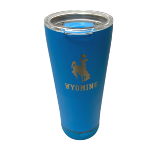 blue 18 ounce tumbler, clear plastic lid, silver bucking horse above word Wyoming on front, detachable speaker on bottom