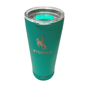 mint green 18 ounce tumbler, clear plastic lid, silver bucking horse above word Wyoming on front, detachable speaker on bottom