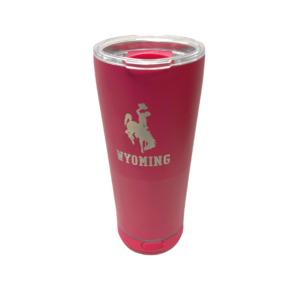 pink 18 ounce tumbler, clear plastic lid, silver bucking horse above word Wyoming on front, detachable speaker on bottom