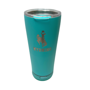 teal 18 ounce tumbler, clear plastic lid, silver bucking horse above word Wyoming on front, detachable speaker on bottom