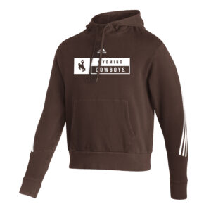 Adidas brown hood, three white stripes down arms, design is white Adidas logo above white rectangle, brown bucking horse on right, brown word Wyoming above white word cowboys