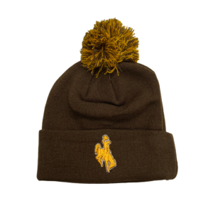 brown knit beanie with brown and gold pom, gold embroidered bucking horse outlined in gold