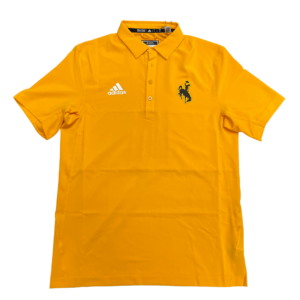 Adidas gold polo, design is embroidered brown bucking horse outlined in white on left chest, embroidered white Adidas log on right chest