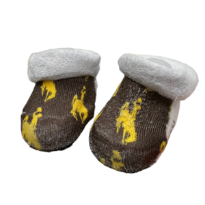 brown infant booties with fuzzy white cuff at top, design is gold bucking horses scattered over bootie