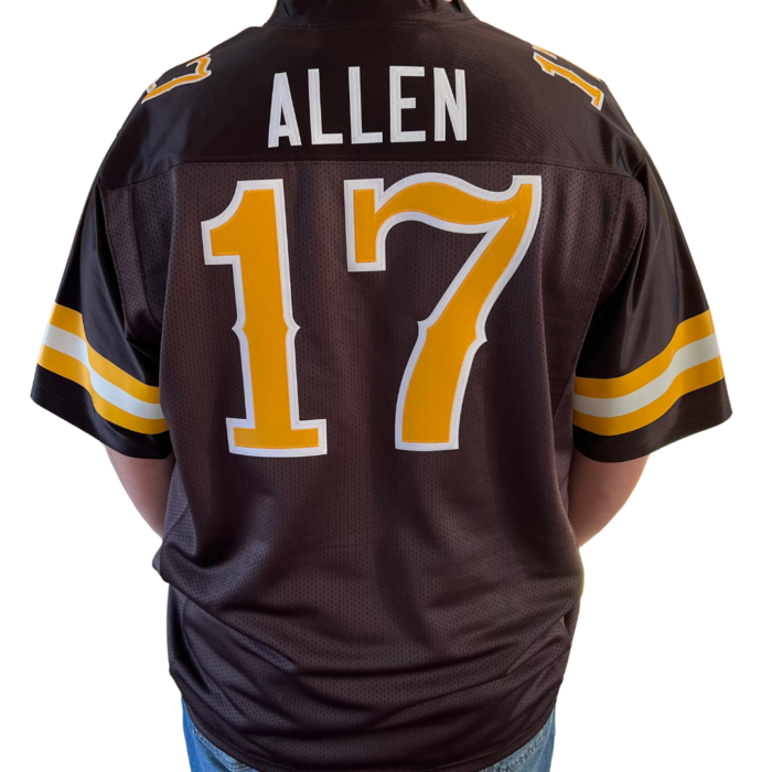 back of brown football jersey, gold and white stripes on sleeves, white word Allen above gold number 17