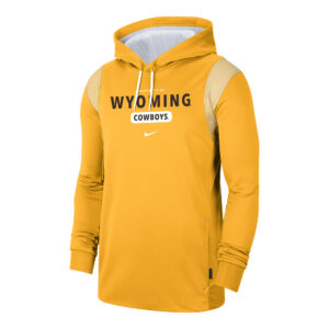 Nike gold hooded sweatshirt, white lined hood, design is white words University of above brown word Wyoming, rounded white rectangle with brown word Cowboys above white Nike logo